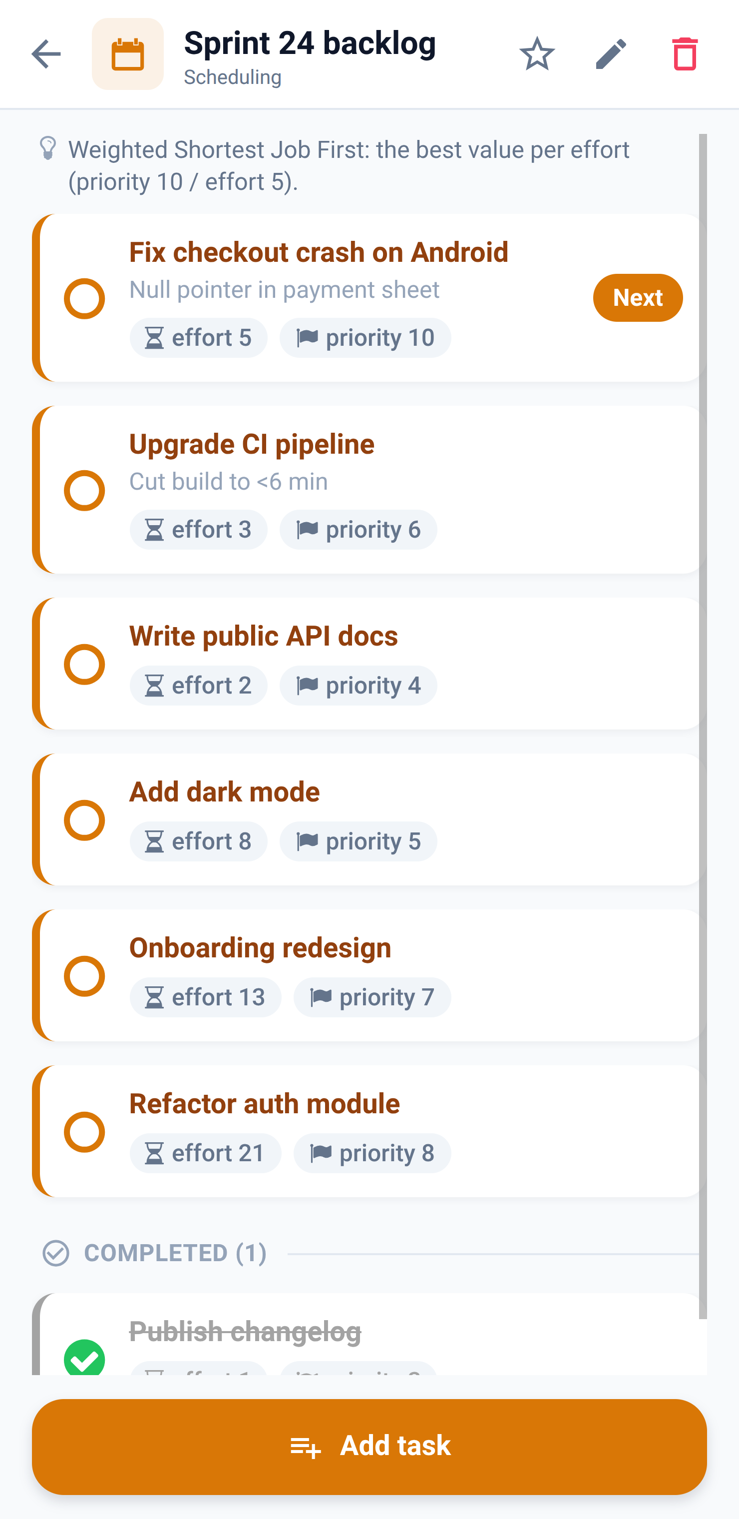 Task list ordered by WSJF
